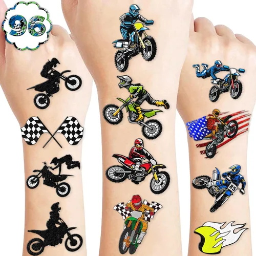 Tatuajes temporales de motocross – 96 piezas (8 hojas) calcomanías de tatuaje falso para niños y niñas | Suministros para fiestas de cumpleaños con