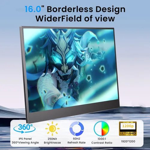 Miniatura 2 de JUSTTHINK Monitor portátil de 16 pulgadas, monitor portátil FHD de 144 Hz, 1920 x 1200, ultra delgado, monitor externo para juegos, HDR, cuidado