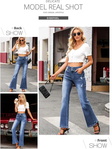Miniatura 5 de Sidefeel Pantalones de mezclilla acampanados destruidos de cintura alta para mujer