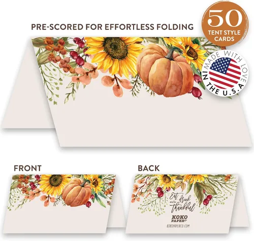 Miniatura 2 de Koko Paper Co Tarjetas de lugar de Acción de Gracias con calabaza y girasoles (50 unidades) 50 tarjetas de nombre estilo tienda de campaña