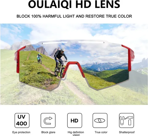 Miniatura 7 de OULAIQI Gafas de sol de ciclismo, polarizadas, para hombres y mujeres, con 1 lente o 3 lentes intercambiables, gafas de béisbol Rojo