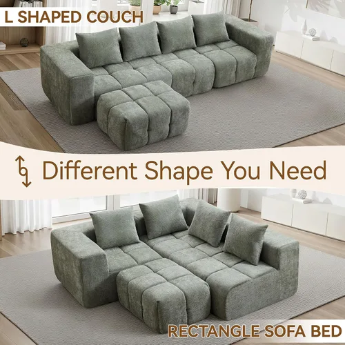 Miniatura 5 de Sofá modular sin hueso de 119 pulgadas para sala de estar, moderno sofá modular copetudo con asiento profundo y otomana móvil, sofá de felpilla