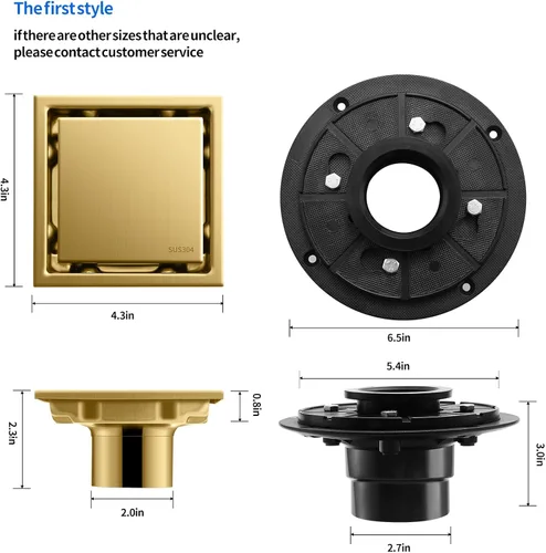 Miniatura 6 de Desagüe de suelo de ducha cuadrado cepillado oculto, dorado de 4 pulgadas, acero inoxidable 304, con brida, cubierta desmontable incrustada en Oro