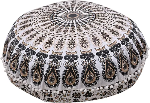 Cojín de Suelo Mandala Funda de Asiento Decorativo Hippie Bohemio Otomano Pufes, Fundas de Almohada con Pompones, Boho Indio (32 pulgadas, Oro Negro)
