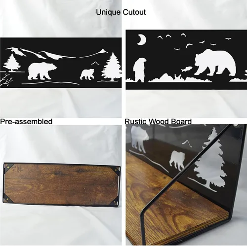 Miniatura 4 de Giftgarden Estantes flotantes para pared con adorables recortes de osos únicos, estante de pared rústico de madera y hierro con decoración de osos