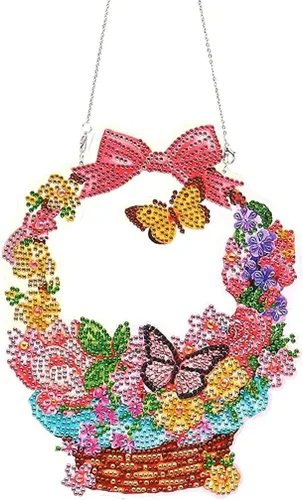 YEESAM ART Kit de decoración de Navidad con diamantes de imitación 5D, cesta de flores de mariposa de 7.5 x 9.1 in, arte de diamantes de imitación