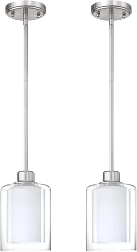 Paquete de 2 lámparas colgantes de isla de cocina para interiores, lámpara colgante de 5 pulgadas de vidrio esmerilado transparente, acabado de