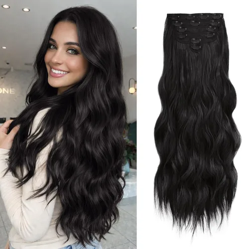 Miniatura 22 de NAYOO Extensiones de cabello con clip, de 20 pulgadas, largo, ondulado, rizado, rubio ceniza, extensiones de cabello sintético de cabeza completa