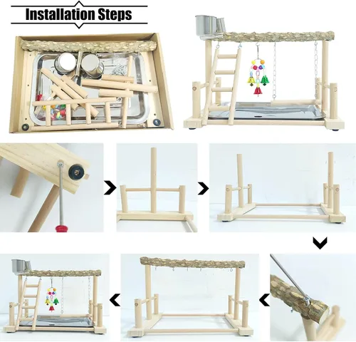 Miniatura 6 de PINVNBY Parque infantil para pájaros, soporte de madera para ejercicio, perca, gimnasio, escalera, con comedero, columpio, juguetes para periquitos