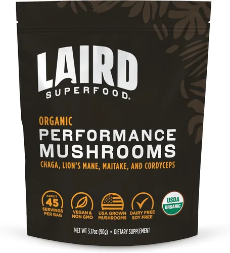 Laird Superfood Mezcla Orgánica de Hongos de Rendimiento con Chaga, Cordyceps, Lion's Mane y Maitake para Energía y Cognición, Bolsa de 3.17 oz,