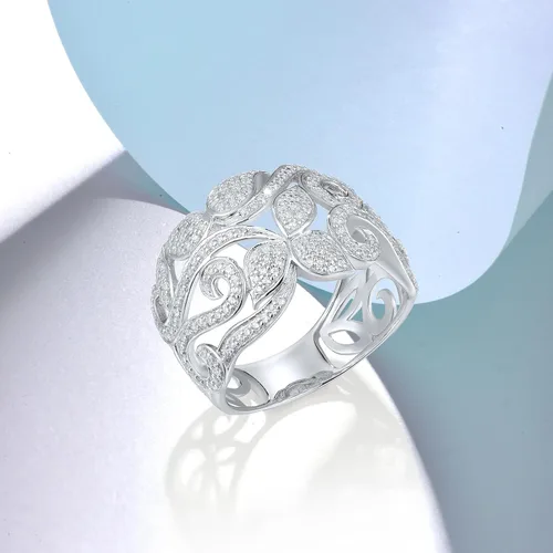 Miniatura 3 de Santuzza Anillo de plata de ley 925 con patrón de vid y hojas de circonita cúbica blanca para mujer