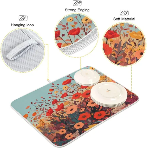 Miniatura 3 de Tapete de secado de platos de primavera naranja con flor de amapola para encimera de cocina, tapete escurridor absorbente de microfibra, tapete