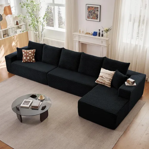 Miniatura 33 de Sofá seccional modular de 96", sofá en forma de L tipo nube sin estructura con chaise lounge, tapizado de pana con asiento profundo de espuma Negro