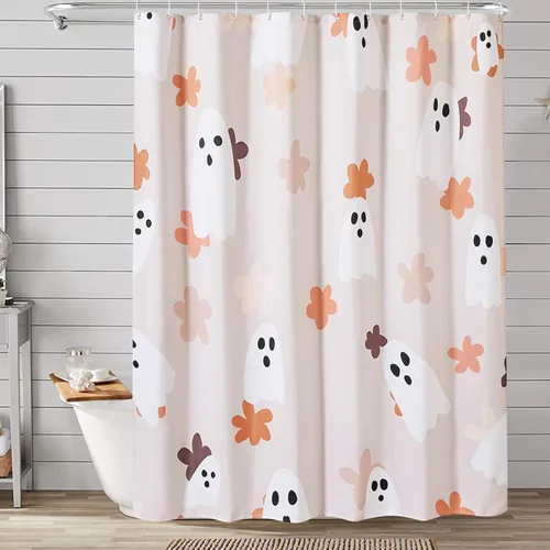 Miniatura 2 de Juego de cortina de ducha de baño con fantasmas florales con ganchos, cortinas de ducha de tela resistente de 180 GSM, 72 x 72 pulgadas, bonita