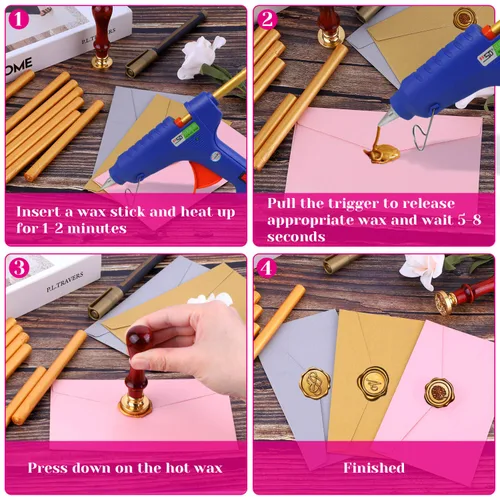 Miniatura 3 de PAXCOO - Cera de sellado, 20 varillas de sellado de cera, pistola de pegamento para sello de cera, sello de cera de letras y manualidades (dorado)
