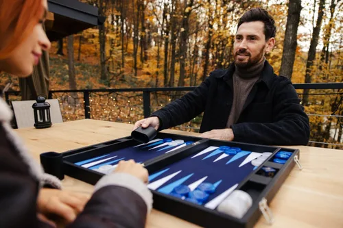 Miniatura 9 de Pointworks Juego de Backgammon Premium de 19 Pulgadas para Adultos de Cuero Negro - Azul. Juego de Fichas y Dados Premium de 1.6 Pulgadas, Juego