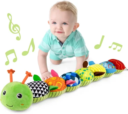 Miniatura 14 de LIGHTDESIRE Juguetes musicales para bebé, oruga, juguetes para bebés, animales de peluche con diseño de regla, espejo, cuerda de tirar y campana