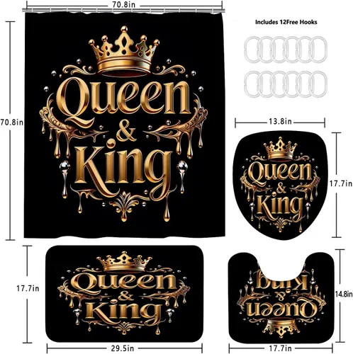 Miniatura 4 de AZHM Juego de cortina de ducha con estampado de corona dorada, accesorios de baño de lujo negros con cortina de ducha y alfombras