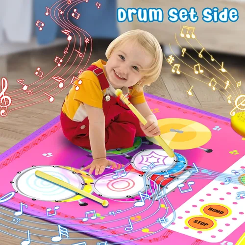 Miniatura 4 de Juguetes de Alfombra Musical 2 en 1 para niños de 1, 2, 3, 4, 5 años, teclado de piano y batería con 2 baquetas, juguetes educativos de aprendizaje
