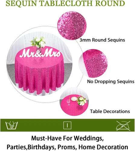 Miniatura 6 de ShinyBeauty Mantel de lentejuelas rosa intenso, superposición redonda brillante de 120 pulgadas para decoración de bodas, fiestas de cumpleaños