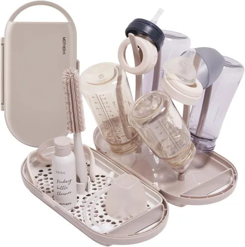 MOTHER-K Juego de escurridor de biberones de viaje, kit limpiador de biberones con limpiador y mini cepillo de silicona para botellas, estante de