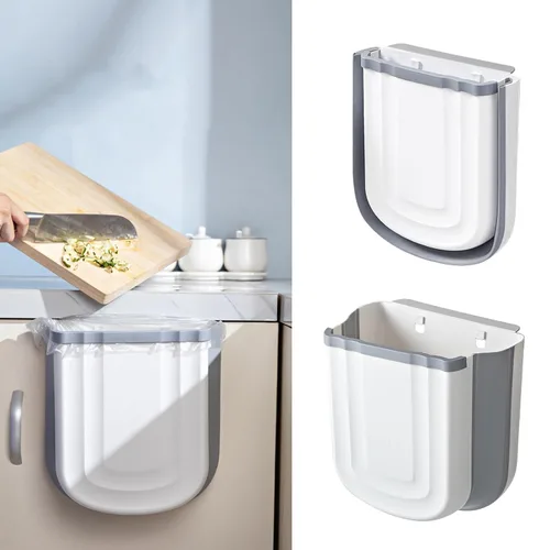 Cubo de Basura Plegable Montado en la Pared para Gabinete de Cocina - Contenedor de Residuos Pequeño Colgante de 2.4 Galones, Cubo de Basura Gris
