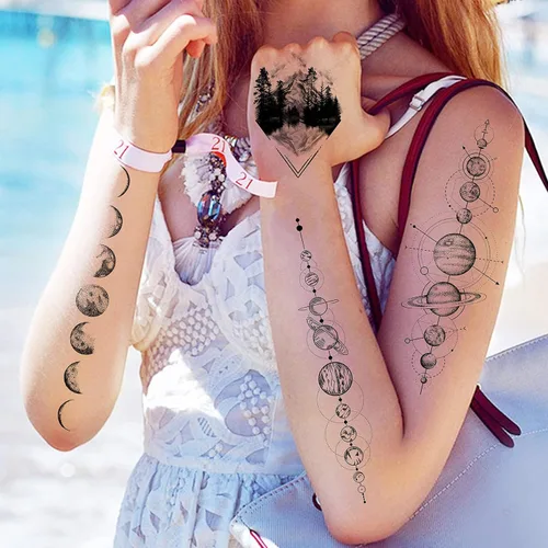 Miniatura 3 de NEZAR - 6 hojas con tatuajes temporales e impermeables, con diseño de planetas geométricos en 3D, estrellas y luna, montaña, para el antebrazo