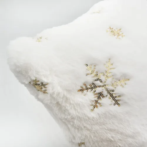 Miniatura 7 de LIGICKY Juego de 2 fundas de almohada de piel sintética blanca esponjosa con copos de nieve de lentejuelas doradas, decorativas, suaves, peludas