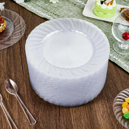 Miniatura 6 de FOCUSLINE 100 unidades de platos de plástico transparente de 9 pulgadas, platos de cena desechables resistentes - Platos de plástico duro