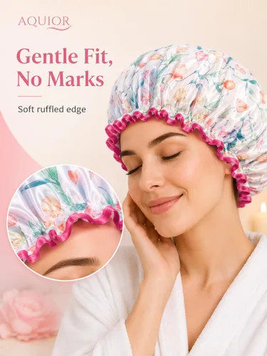 Miniatura 4 de Aquior Gorro de ducha para mujer, impermeable, reutilizable, con elástico suave, tamaño grande para cabello largo, bonito gorro de baño para ducha