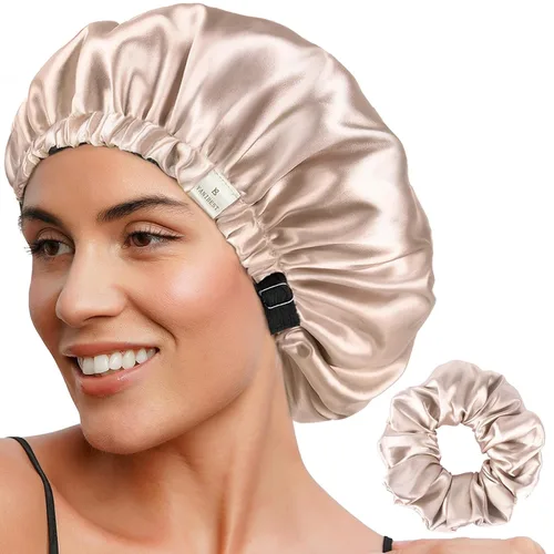 YANIBEST Gorro de Satén Ajustable de Doble Capa para el Cabello para Dormir, Gorros para Mujeres, Sombreros para Cabello Natural Rizado, Champán