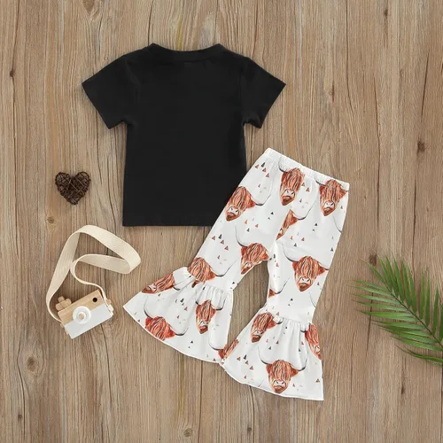 Miniatura 14 de fhutpw Conjunto de camiseta de manga corta con estampado de vaca y pantalones acampanados de dibujos animados para niñas