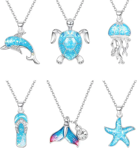 Udalyn 6 piezas de collar con colgante de mar azul océano y cadena de tortuga de mar delfín medusa cola de pez cola de pez estrella de mar chancleta