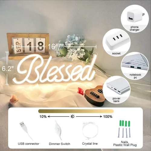 Miniatura 4 de DIVATLA Letrero de neón bendecido para decoración de pared, letreros con luz LED para dormitorio, regulable y reutilizable para oficina, estudio