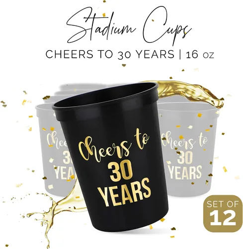 Miniatura 2 de Copas de plástico reutilizables para estadios de 30 años, 16 onzas, 12 unidades, recuerdos de fiesta de 30 cumpleaños y decoración de mesa para ella
