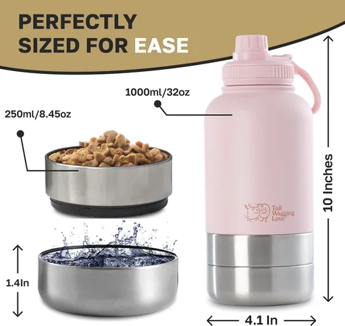 Miniatura 9 de Botella de agua de viaje 3 en 1 de 32 onzas para perros y seres humanos, doble uso, acero inoxidable, mantiene el agua caliente 6 horas/fría 12