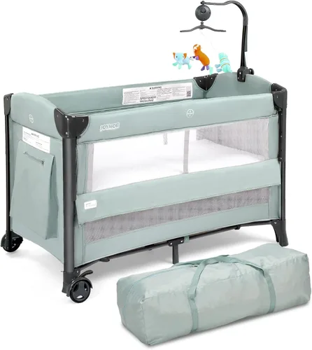 Miniatura 11 de JOYMOR Cuna para bebé, empacar y jugar con moisés y bolsa de transporte, se convierte en cama de noche con ruedas para niños y niñas (gris)