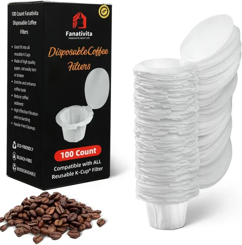 Miniatura 8 de 100 unidades de filtros K Cup Fanativita desechables con diseño de tapa inteligente, se ajustan a todas las tazas K reutilizables para Keurig