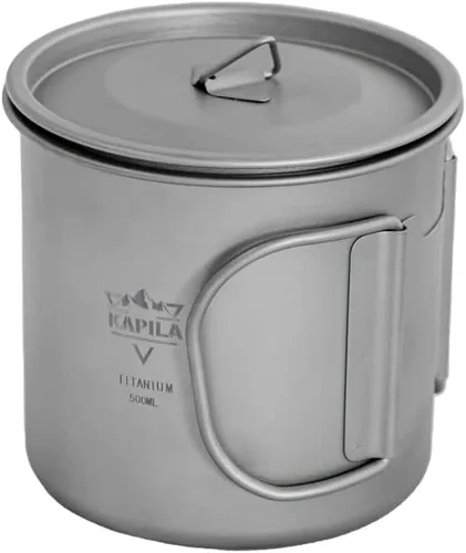 KAPILA Taza de titanio de 16.9 fl oz, taza ligera para mochileros, camping, mango plegable, olla de titanio con tapa, camping, senderismo, picnic,
