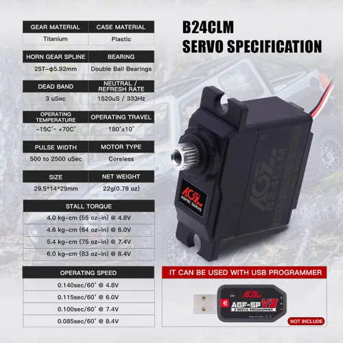 Miniatura 2 de AGFRC 6KG Mini Servo Motor de Dirección RC Impermeable - 0.085Seg Alta Velocidad Engranaje de Titanio Sin Núcleo Servo Digital para 1/16 Coche RC