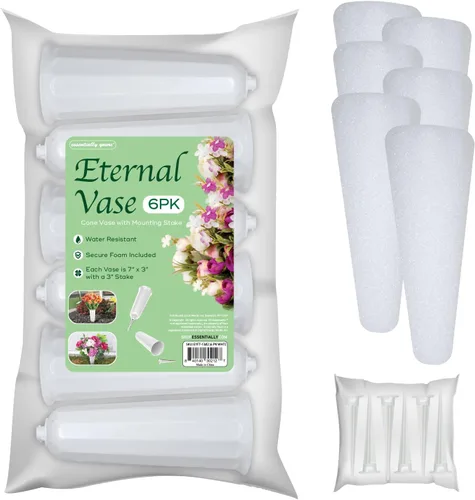 Miniatura 10 de Jarrones florales conmemorativos con espuma incluida, (blanco, paquete de 2) Jarrones para exteriores en el suelo con estacas, para flores frescas
