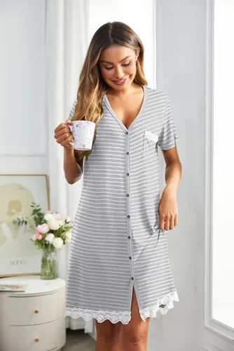 Miniatura 3 de Ekouaer Camisones a rayas con botones para mujer, camisones de manga corta