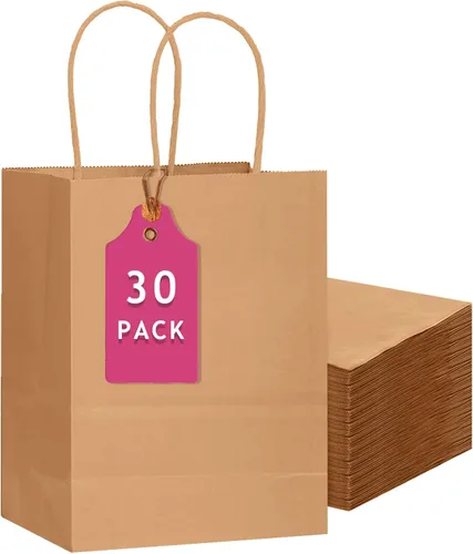 Miniatura 11 de qiqee 100 bolsas de regalo de papel de tamaño mediano con asas a granel de 7.6 x 4.75 x 10.5 pulgadas, bolsas de regalo marrones para múltiples usos