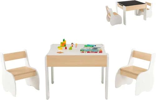 HONEY JOY Juego de mesa y silla para niños, mesa de actividades de madera 4 en 1 y 2 sillas para manualidades artísticas, pizarra reversible, 3