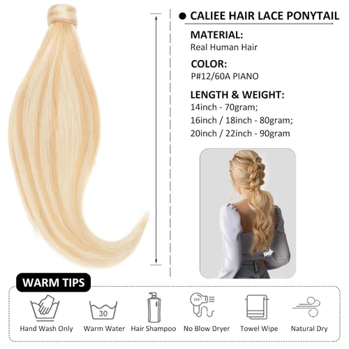 Miniatura 2 de Caliee Extensión de cabello humano de 14 pulgadas de largo, con reflejos P12/60A, color marrón dorado con rubio platino, extensión de cabello 100%