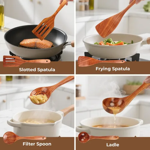 Miniatura 6 de Juego de utensilios de cocina de madera de teca natural - 4 piezas de cucharas de madera para cocinar con cucharón, espátula y cuchara ranurada