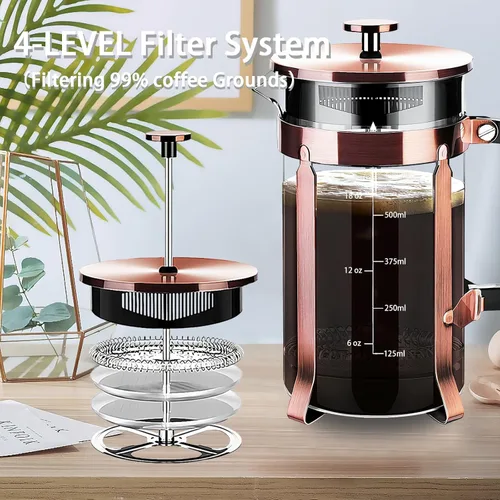 Miniatura 7 de YMMIND Cafetera de Prensa Francesa de Acero Inoxidable 304, Prensa de Café con Sistema de 4 Filtros, Vidrio de Borosilicato Resistente al Calor