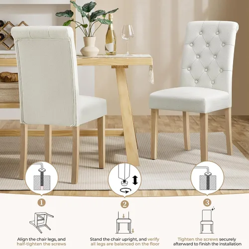 Miniatura 8 de Yaheetech Juego de 2 sillas de comedor tapizadas de tela con respaldo alto y patas de madera maciza para cocina, sala de estar, restaurante