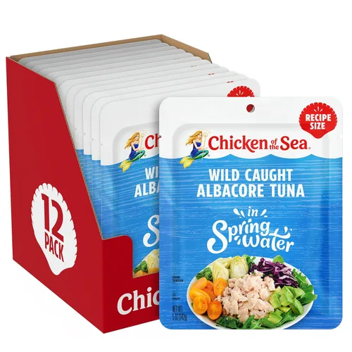 Miniatura 12 de Chicken of the Sea Atún ligero capturado en agua de manantial, paquetes de 2.5 onzas, 12 unidades, atún alto en proteínas 100% en agua, comidas