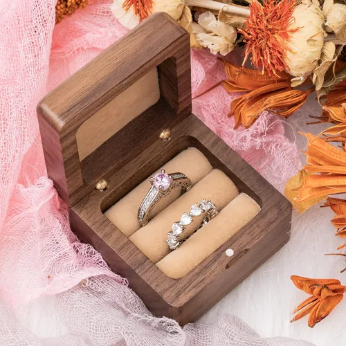 Miniatura 4 de KWOOD Caja de anillo de boda personalizada, Caja de anillo de madera, Caja cuadrada de anillo doble, Caja de anillo de compromiso, Soporte de caja